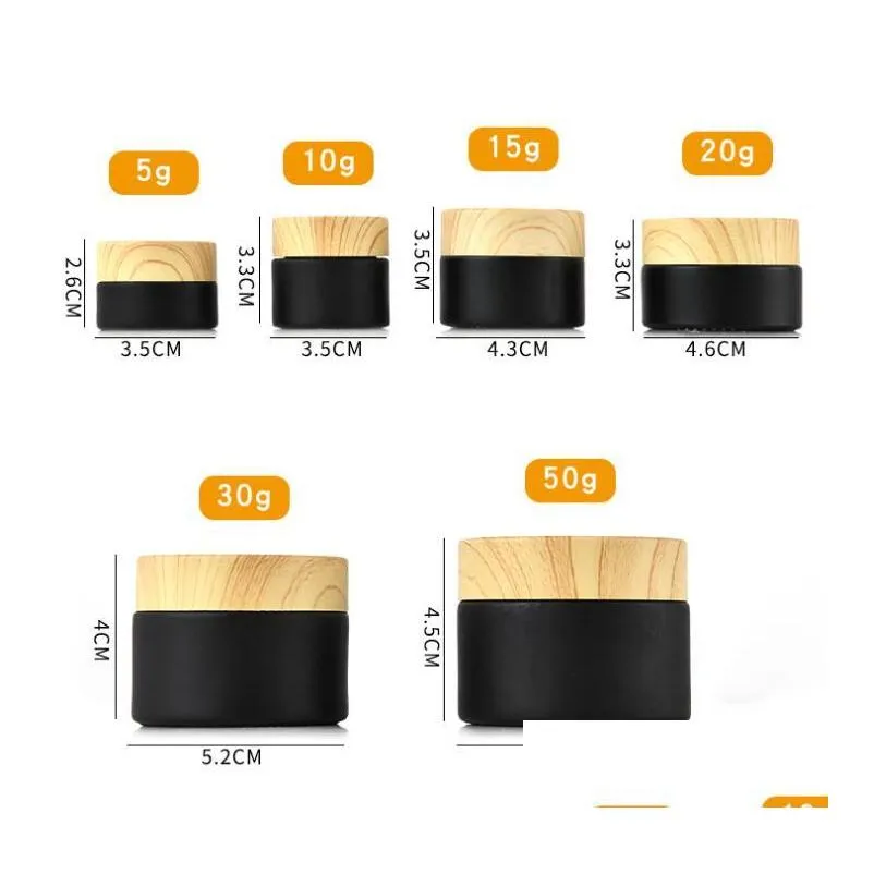 wood lid bottle wholesale black frosted glass jars cosmetic jar with woodgrain plastic lids pp liner 5g 10g 15g 20g 30g 50g lip packing