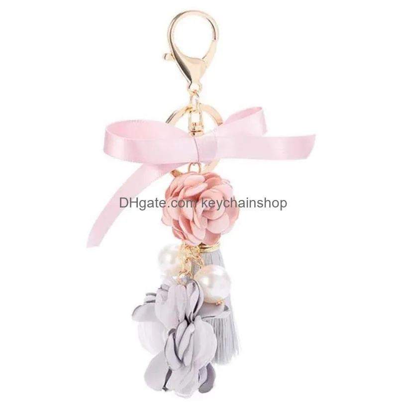 key rings  fabric pink flower bow keychain for women tassel cool keyring best gift friend pendant jewelry wholesale