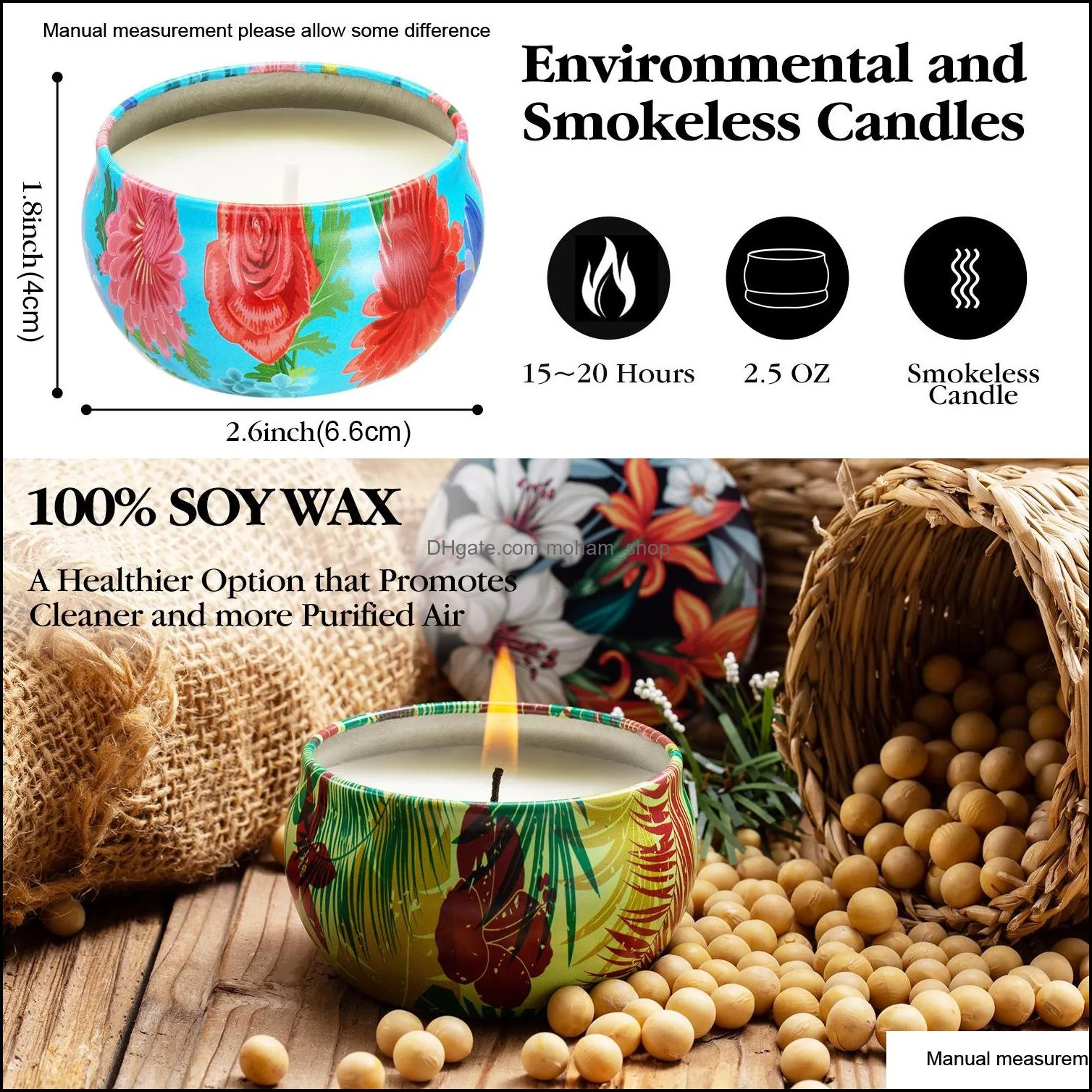 16pcs/pack scented candles flowers tin can fragrance handmade essential oil candle natural soy wax home decoration gifts box th0030