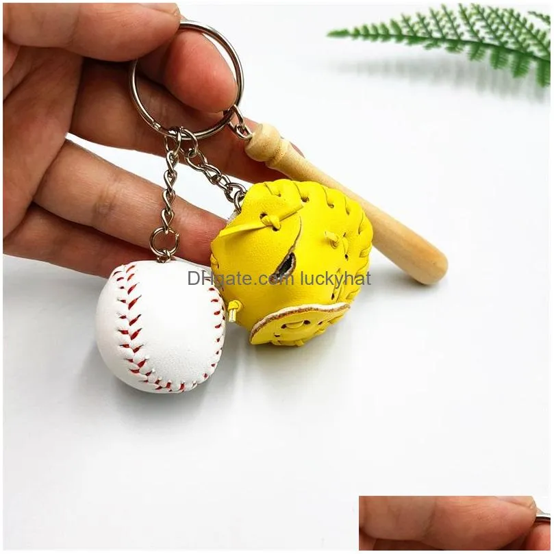 creative glove baseball keychains pu leather add wood baseball key ring sport keychain promotion gift mini softball baseball key chain