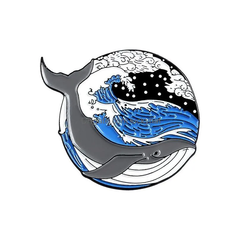 underwater animal surf whale brooches for women personality geometric shaped enamel lapel pins round badges denim shirt award gift bag