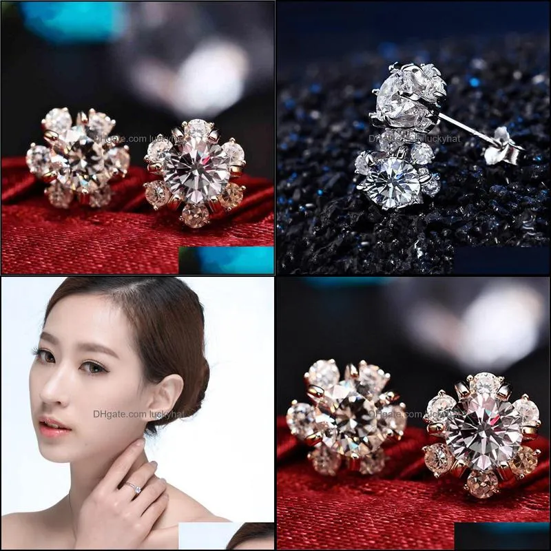 zircon christmas snowflake stud earrings for women shiny rhinestone crystal flower earring