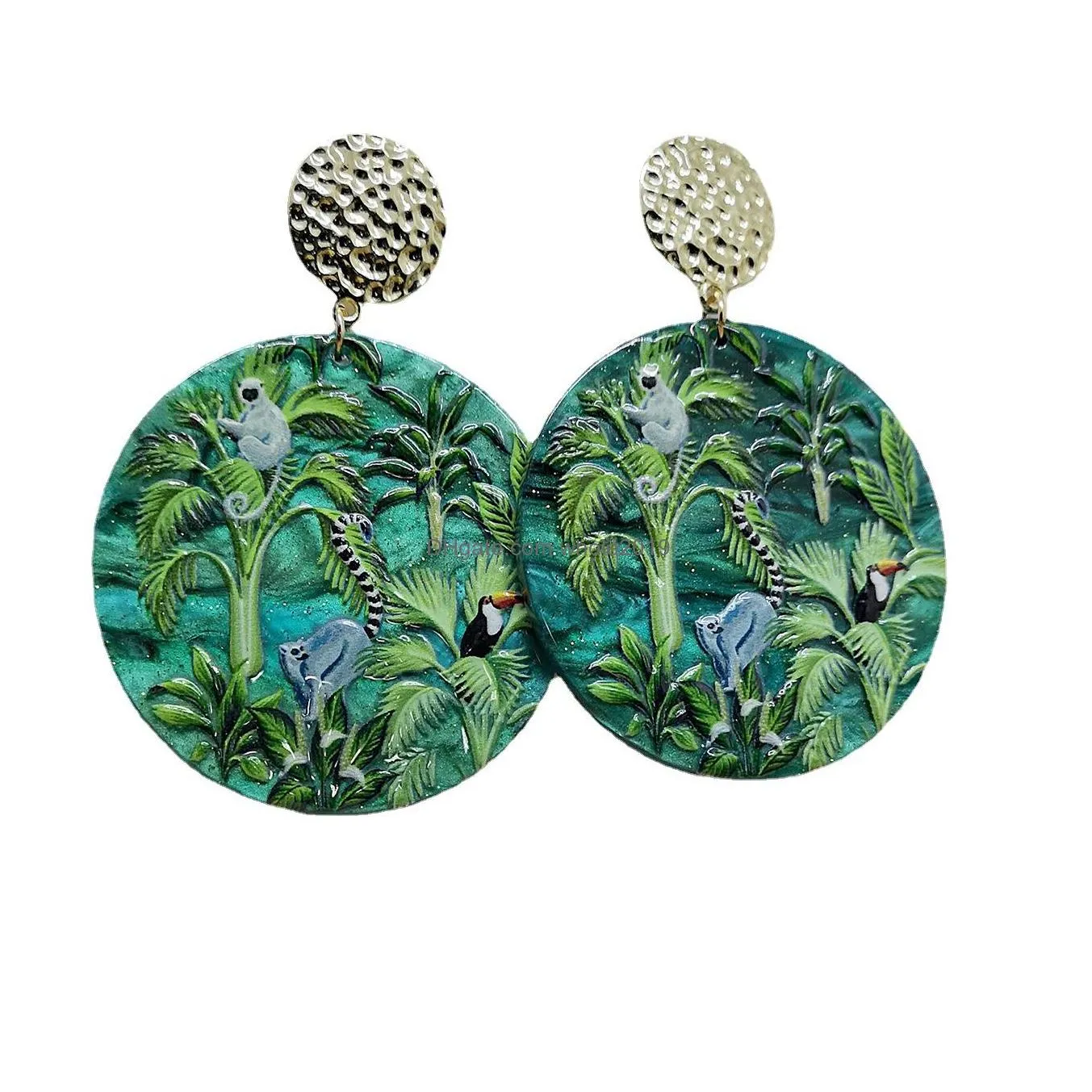 fashion jewelry green rain forest dangle earrings plants and animals 3d relief printed acrylic earring