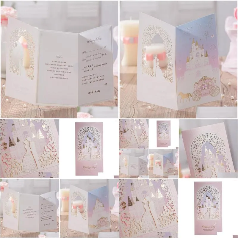 greeting cards 50pcs wishmade laser cut wedding invitations princess prince in castle blush shimmer floral invitation with envelopes