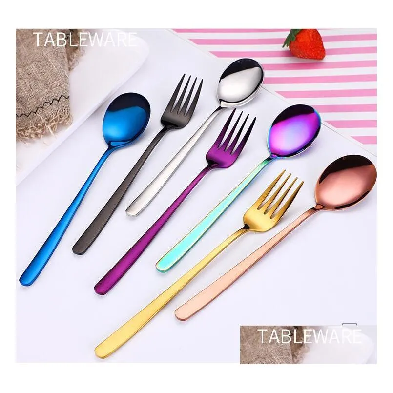 purple silver gold korean 304 stainless steel spoon fork high quality mixing spoons dinnerware kitchen accessories