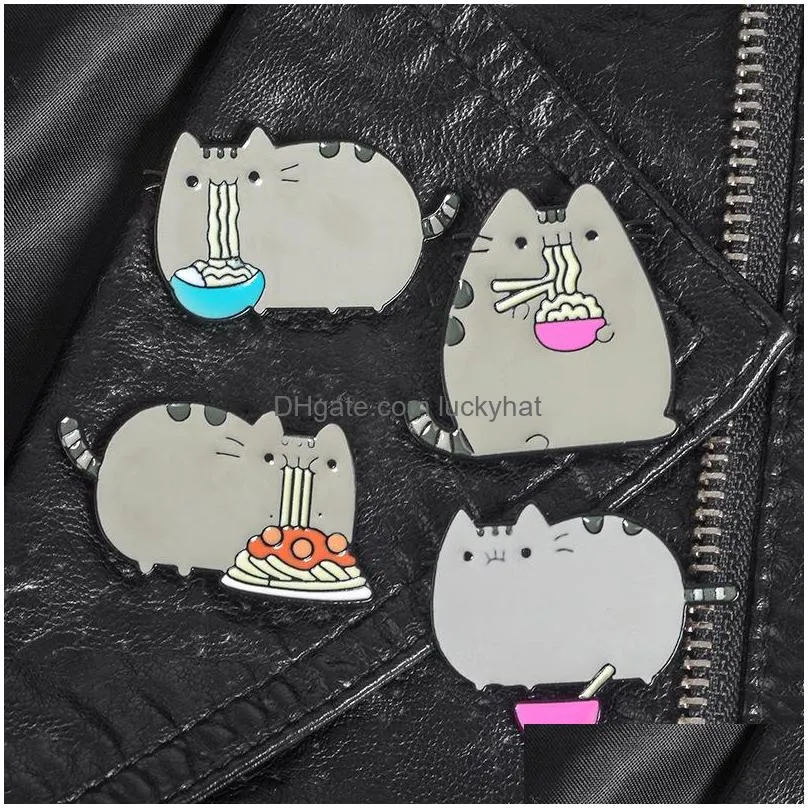 creative cartoon design brooch set fat cat eat nooodle gun black eco enamel pins funny zinc alloy brooches for girls gift jewelry badges bag clothes denim shirt