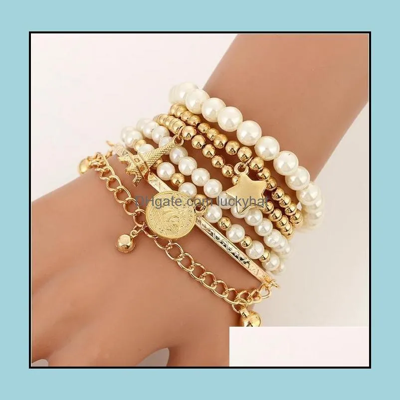 6pcs/set gold silver color link chain pearl beads bracelet star multilayer beaded bracelets set for women charm party jewelry