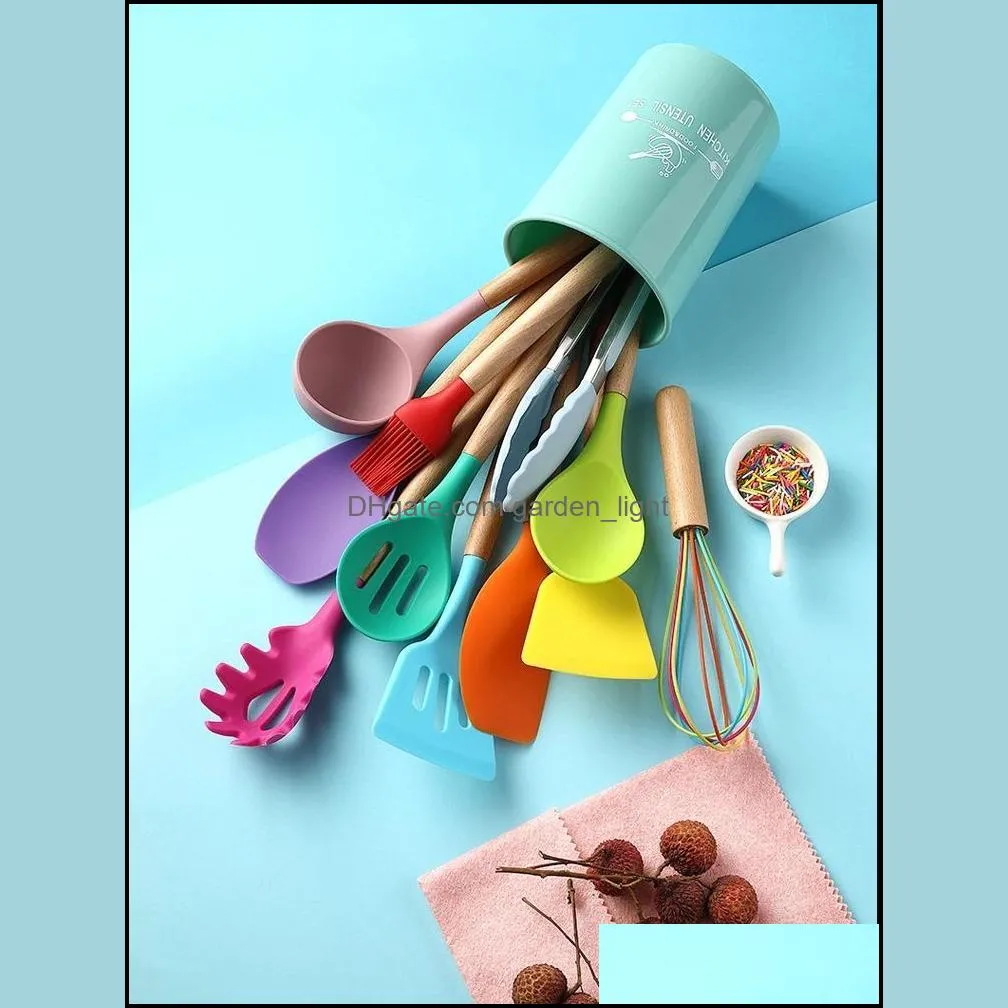 color silicone kitchenware set wooden handle kitchenwares cooking spatula spoon 11 piece sets silicones kitchenware setes