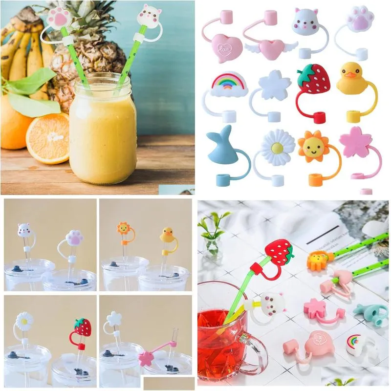 creative silicone straw tips cover reusable drinking dust cap splash proof plugs lids antidust tip sunflower cherry blossom rainbow cat paw for 68mm straws