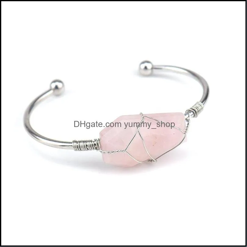 wire wrap natural stone hexahedron bracelet amethyst aventurine pink crystal bangle bracelets for women jewelry