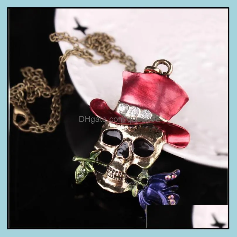 gothic antique necklace everyday jewelry rose flower skull necklace enamel pendant crystals necklaces