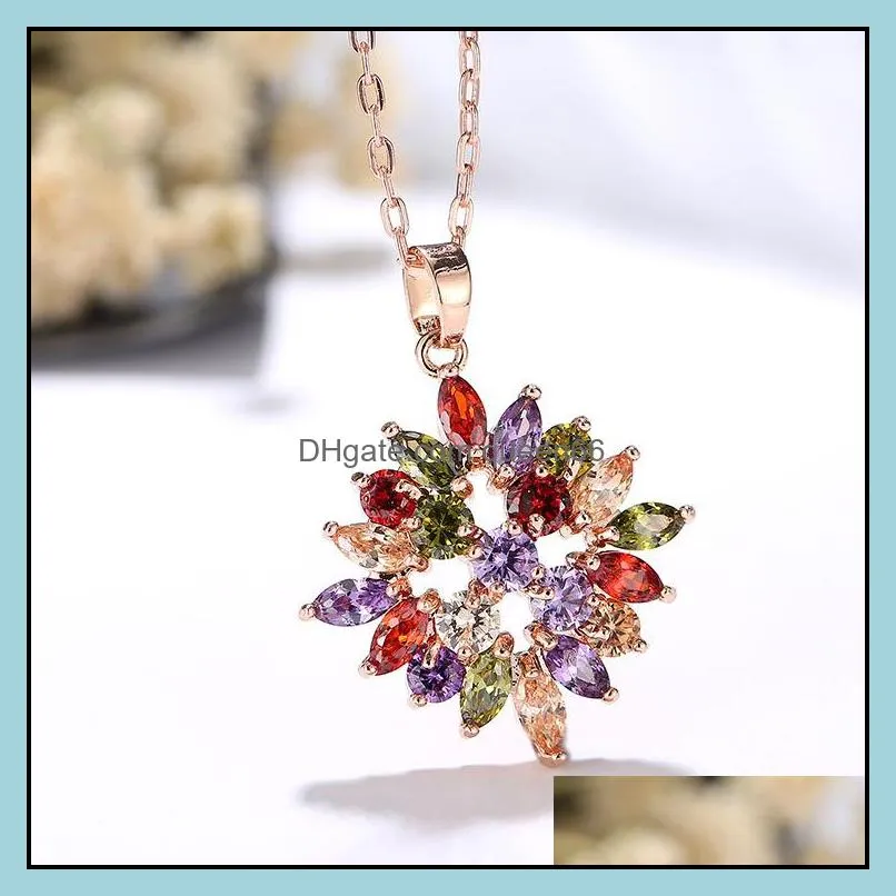 multicolor stones cz pendant necklaces for women flower cubic zirconia crystal rose gold color small jewelry