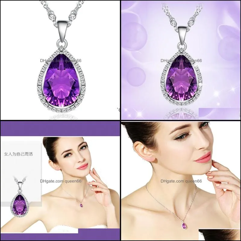 silver necklace water drop amethyst zircon gemstones pendant jewellery for female wedding party gifts