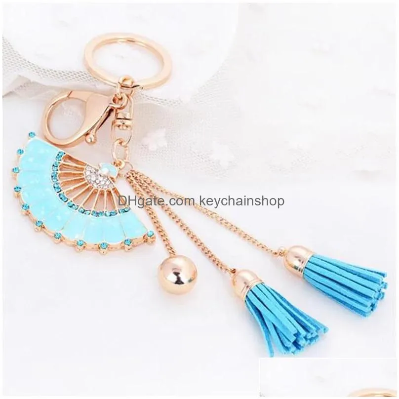 pink blue chinese wind key rings dripping oil crystal fan tassel car keychain rhinestone women keyring wholesale