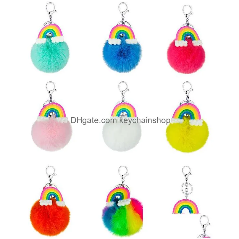 fashion pompoms keychain rainbow plush hairball key chains decorative pendant for women bag charms accessories car keyring