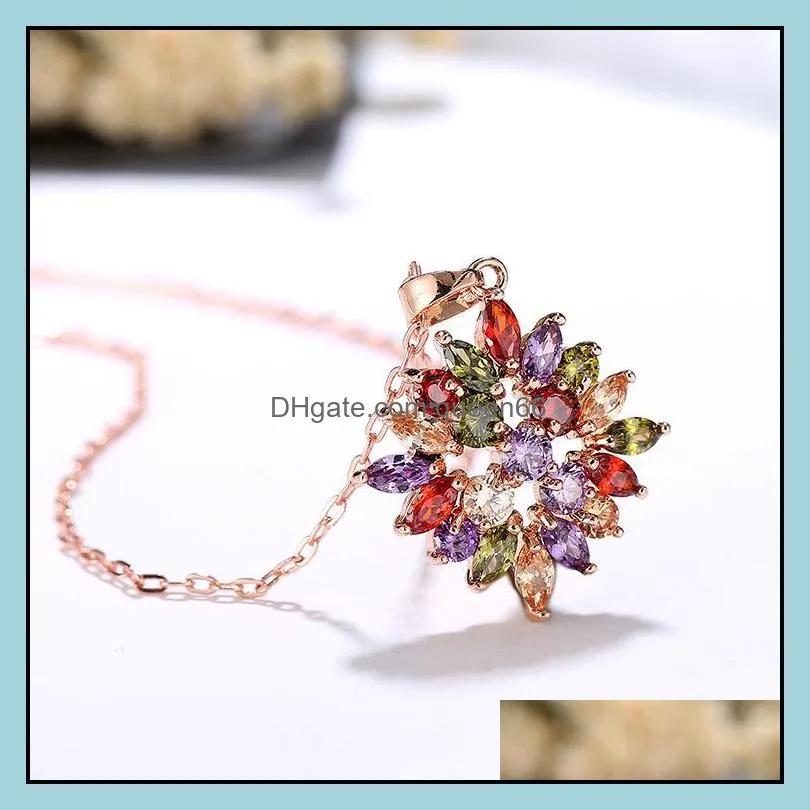 multicolor stones cz pendant necklaces for women flower cubic zirconia crystal rose gold color small jewelry