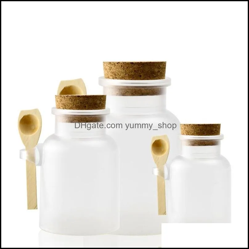 frosted abs bath salt shaker seal refillable mask bottles with wood spoon soft cork 100ml 200ml 300ml