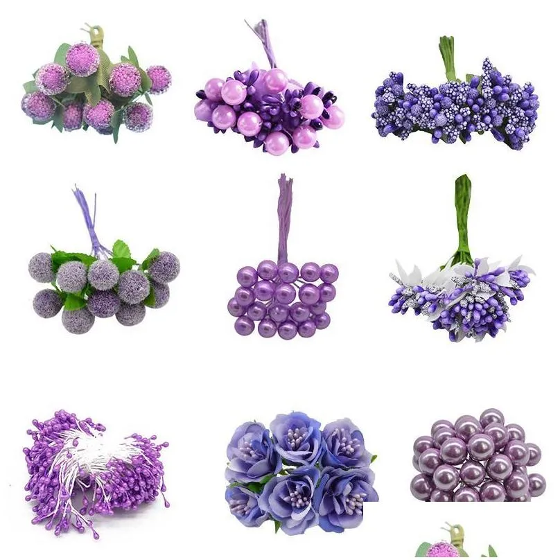 decorative flowers wreaths purple artificial stamen cherry berries bouquet wedding christmas decoration diy wreath scrapbooking craft