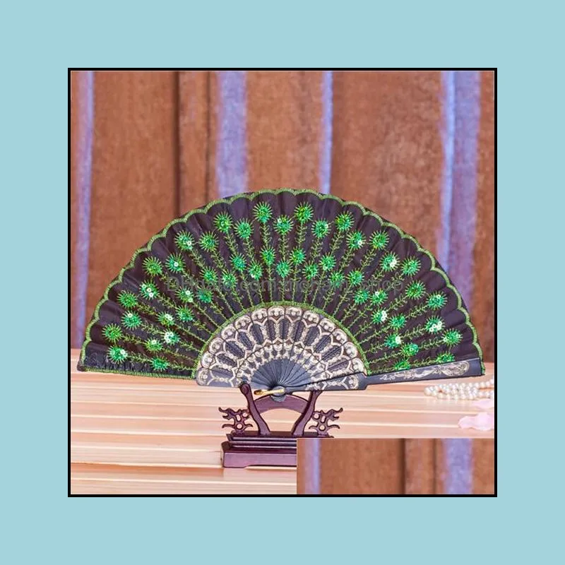 chinese classical dance folding fan party favor elegant colorful embroidered flower peacock pattern sequins female plastic handheld fans gifts wedding