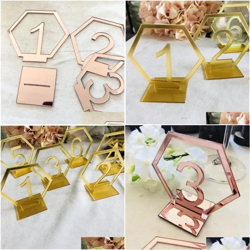 party favor 9cm hexagon table number signs wedding birthday mirror gold/silver/rose gold acrylic centerpiece decoration