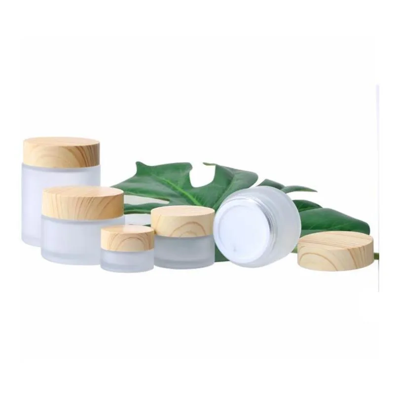 quality fashional frosted glass jar cream bottle round cosmetic jars hand face packing bottles 5g 50g container with wood grain cover