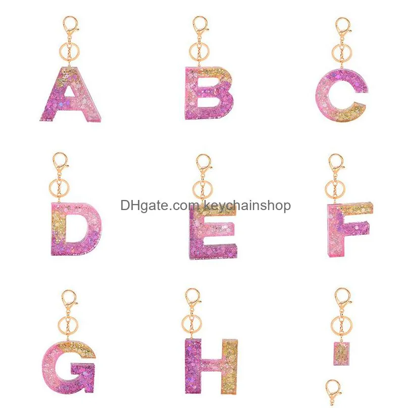 letter pendant keychains resin key chains rings for women cute car pink sequin letters keyring holder charm bag couple gifts