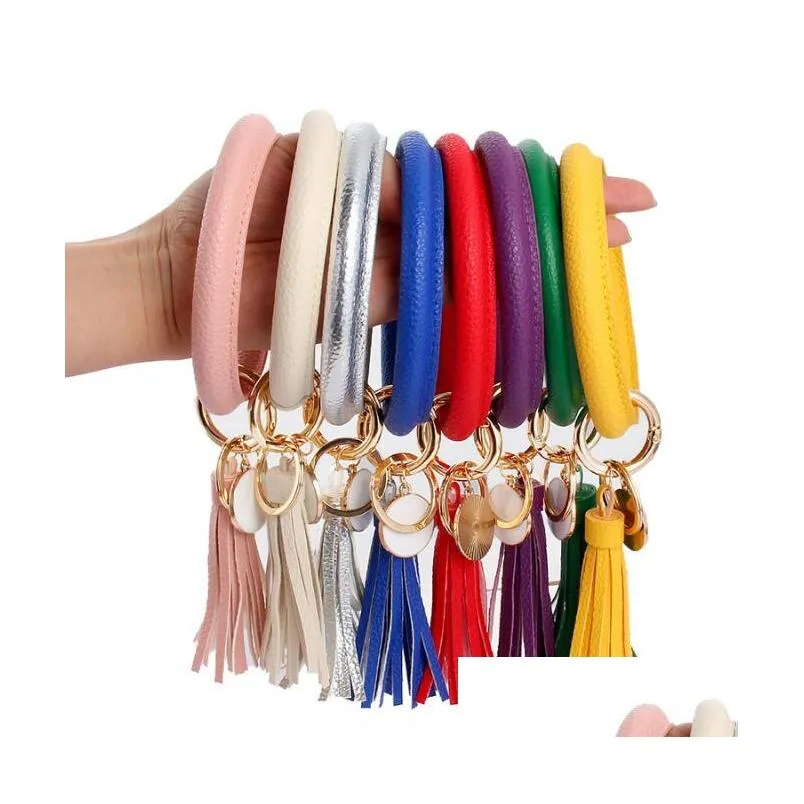 many colors women tassels bracelets pu leather wrap key ring leopard lily print keychain wristband sunflower drip oil circle bangle chains