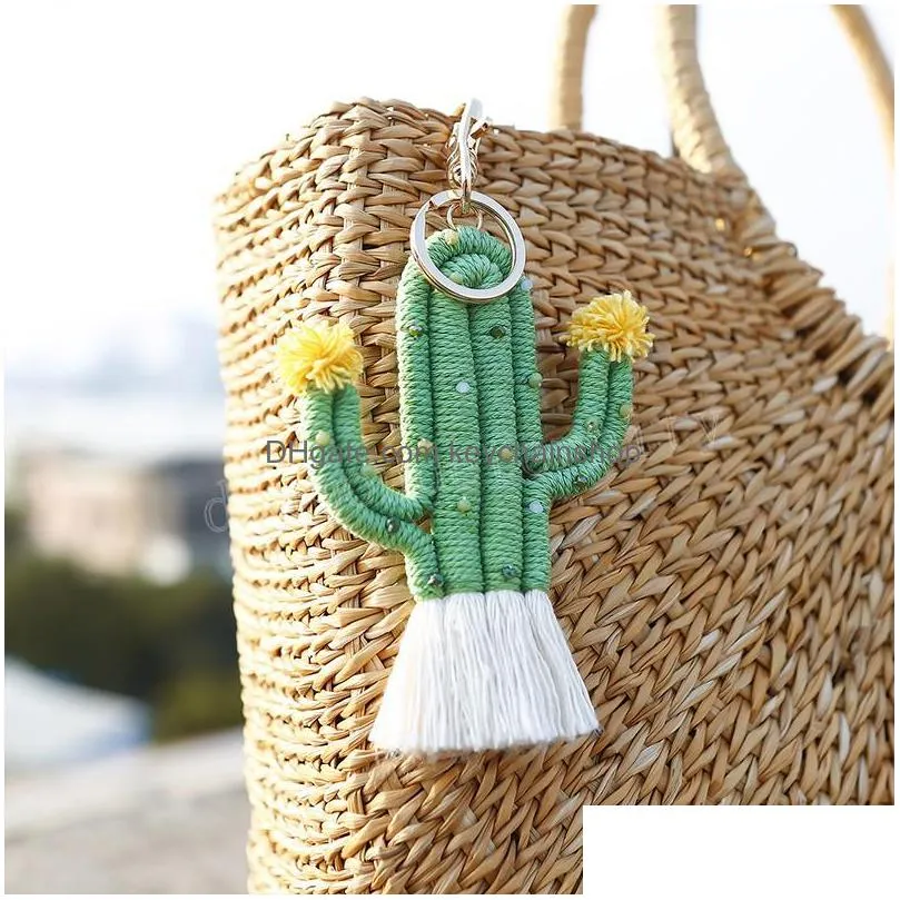 creative cactus keychains for women bag pendant fashion accessories cute  green woven cactus keychain flower key rings