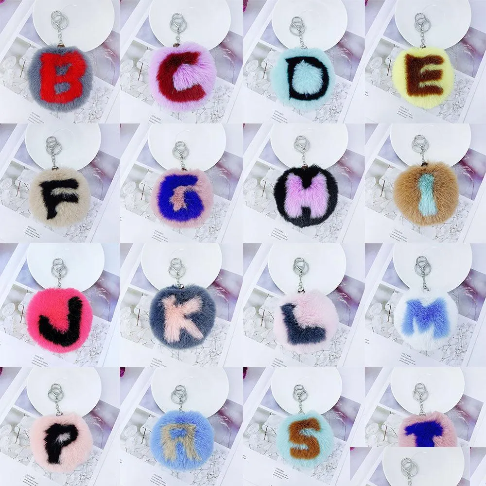 26 alphabet key rings artificial rabbit fur ball keychains pendant soft and plush pompom letters keyfobs jewelry