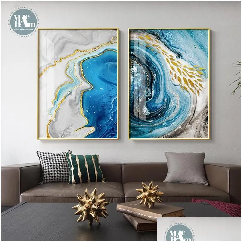 paintings abstract watercolor river golden lines wall poster print modern canvas painting art living room decoration pictures home