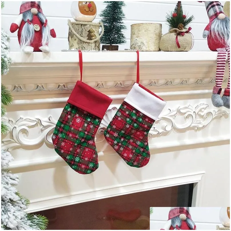 christmas stockings socks snowflake plaid xmas hanging stocking kids christmas gift candy bags decor christmas tree ornament dbc