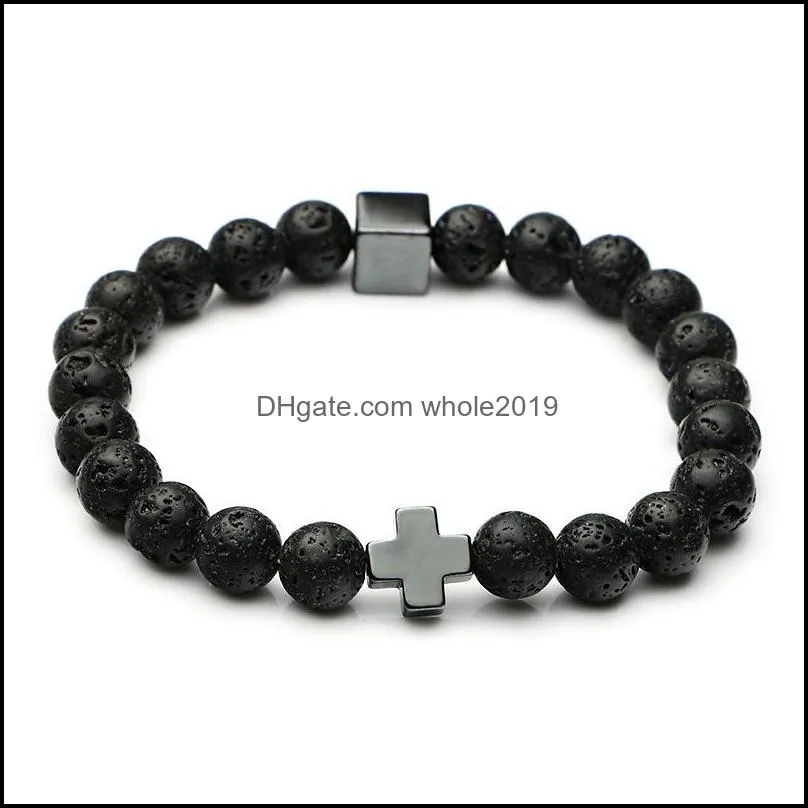 8mm black lava stone cross charms buddha yoga bracelet  oil diffuser jewelry for wome men gift