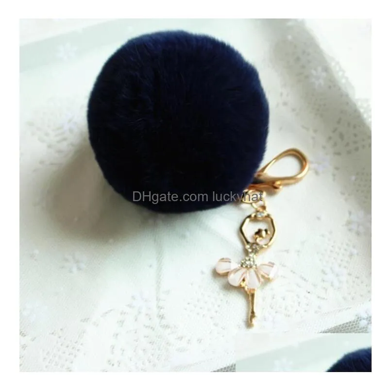 17 color fashion snow ball keychain with ballerine key ring high quality rabbit hairball keychains bag accessories car key pendant 