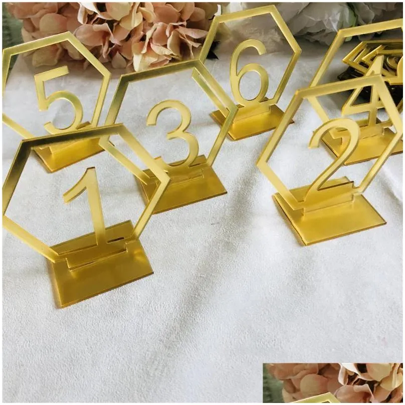 party favor 9cm hexagon table number signs wedding birthday mirror gold/silver/rose gold acrylic centerpiece decoration