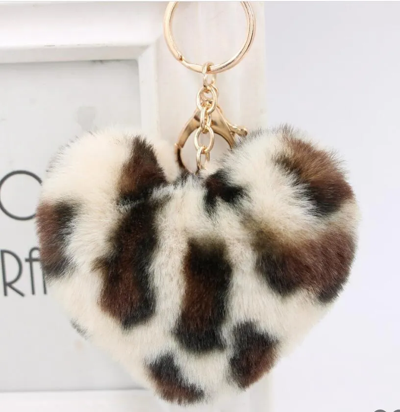 artificial pompom key rings leopard plush heart keychain stylish gorgeous faux fur ball keyfobs bag holder jewelry gift