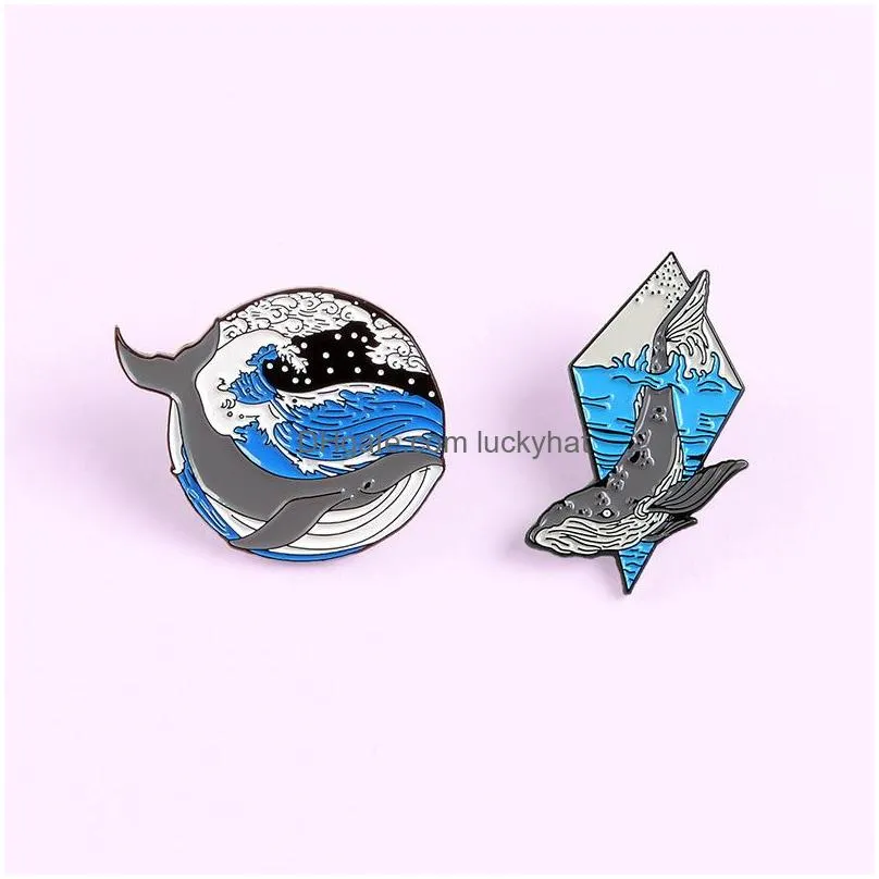 underwater animal surf whale brooches for women personality geometric shaped enamel lapel pins round badges denim shirt award gift bag