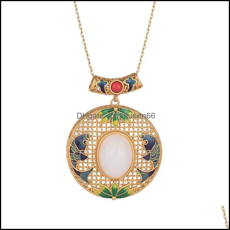 pendant necklaces retro goldplated cold enamel jade inlaid with an s925 silver necklace womens jewelrypendant