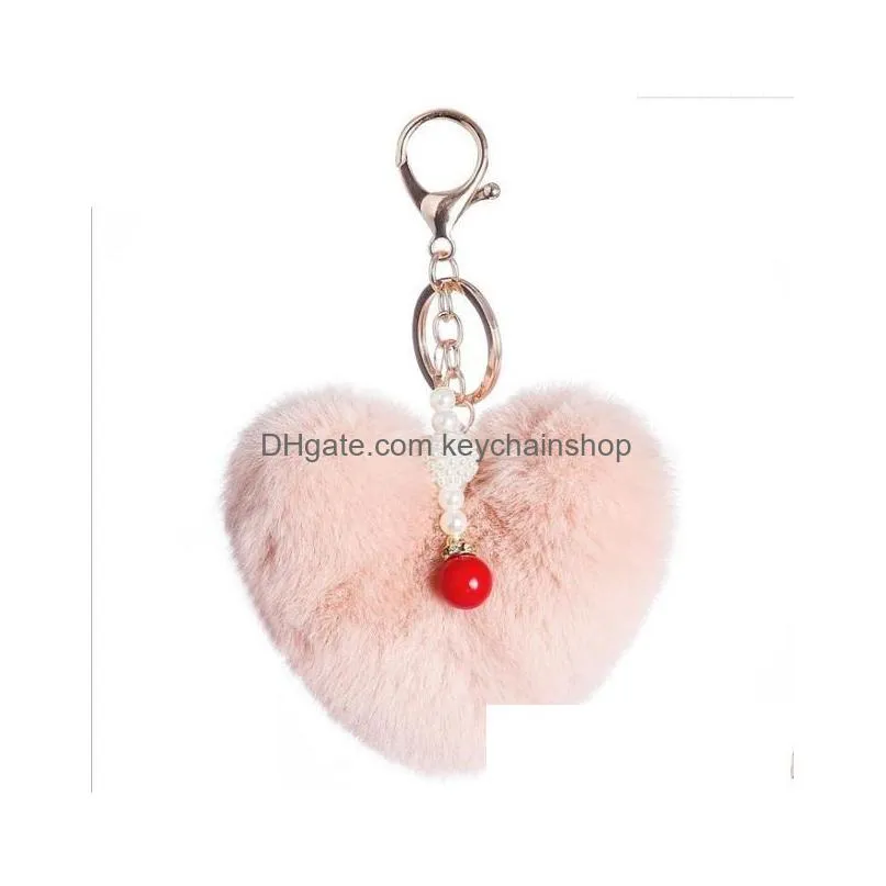 cute keychain llaveros mujer fake rabbit fur heart pearl pompom key chain women girl bag cars fluffy keyring jewelry gifts