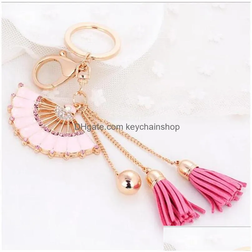 pink blue chinese wind key rings dripping oil crystal fan tassel car keychain rhinestone women keyring wholesale