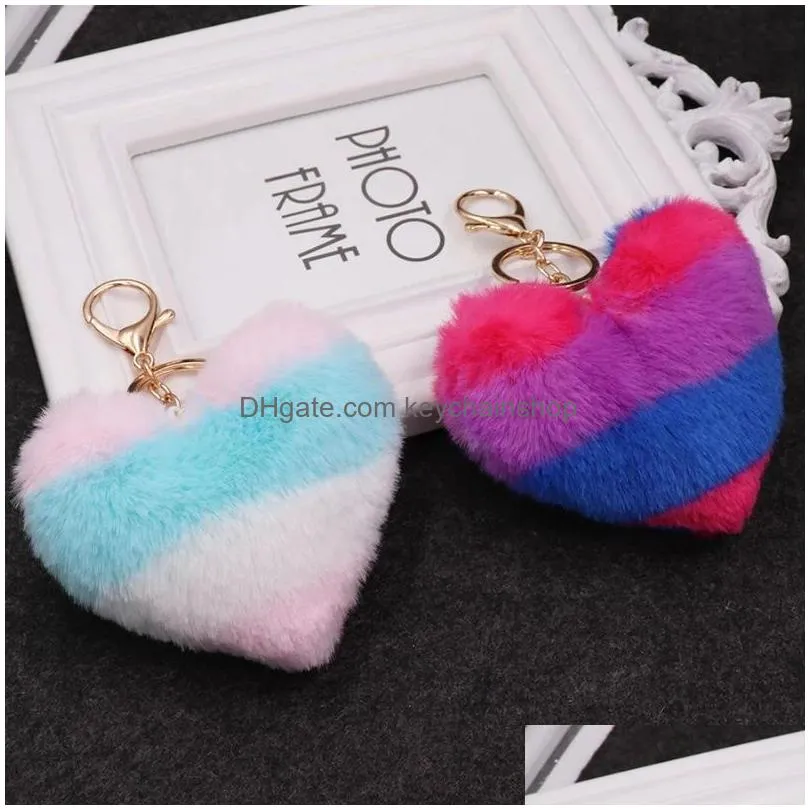 9cm cute fluffy heart keychains womens pom poms faux rex rabbit fur key chains girl bag hang car key ring jewelry accessories