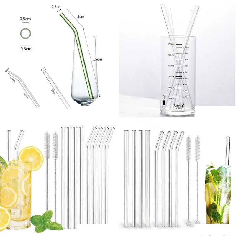 clear glass straw 200x8mm reusable straight bent glass drinking straws with brush eco friendly glass straws for smoothies cocktails