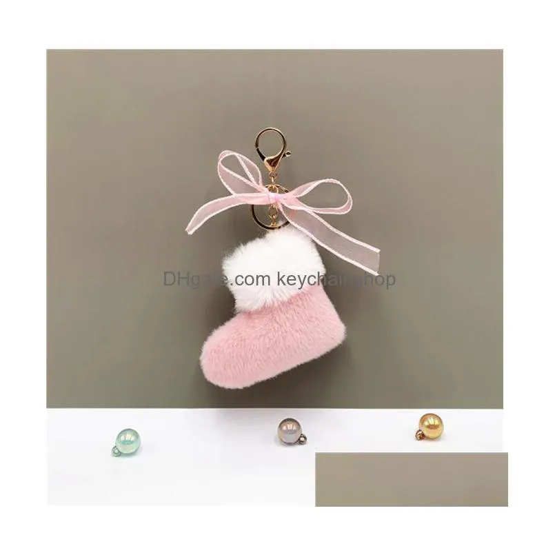 plush christmas boots keychain cute bow bag pendant car key chain ring gift earphone bag purse accessories