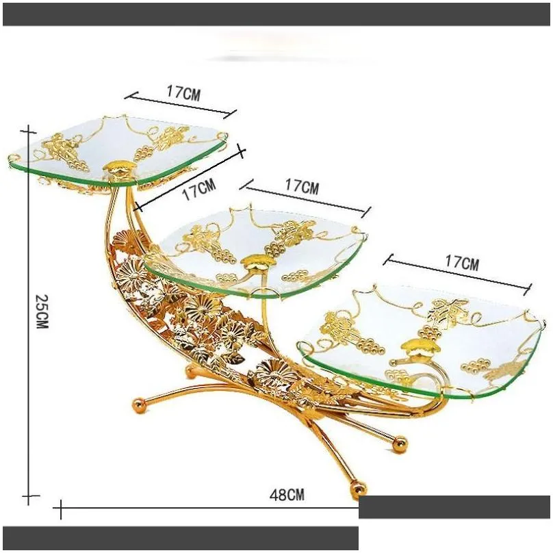 dishes plates europeanstyle glass fruit plate multilayer snack golden iron frame modern living room home tray desktop