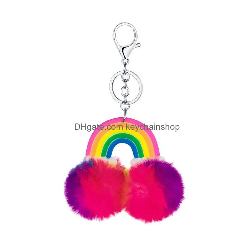 fashion pompoms keychain rainbow plush hairball key chains decorative pendant for women bag charms accessories car keyring