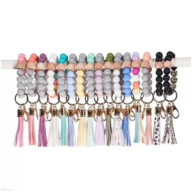 stock wooden tassel bead string bracelets keychain silicone beads women girl key ring wrist strap for car chain wristlet beaded portable gift dhs