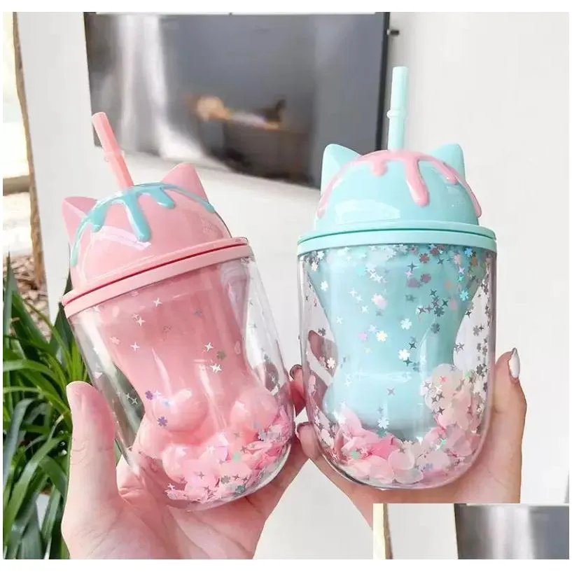 7oz baby childrens plastic milk coffee mug starbucks cats paw straw and various styles of water cups tt1227