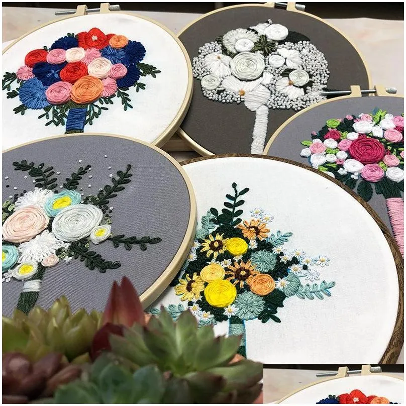 other arts and crafts 3d europe bouquet cross stitch kit with embroidery hoop holding flowers bordado iniciante wedding decoration sewing