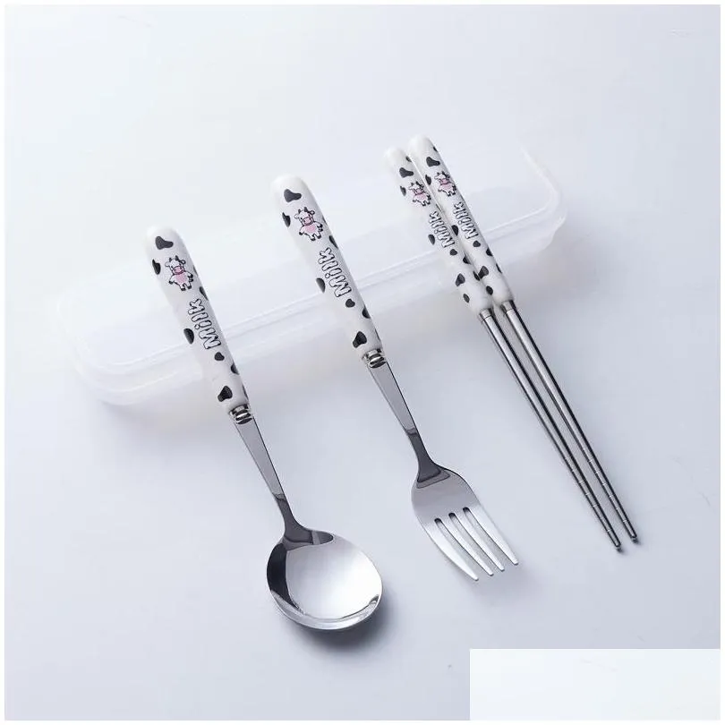 dinnerware sets creative cartoon portable storage tableware set cute cow stainless steel cutlery for children fork spoon chopsticks