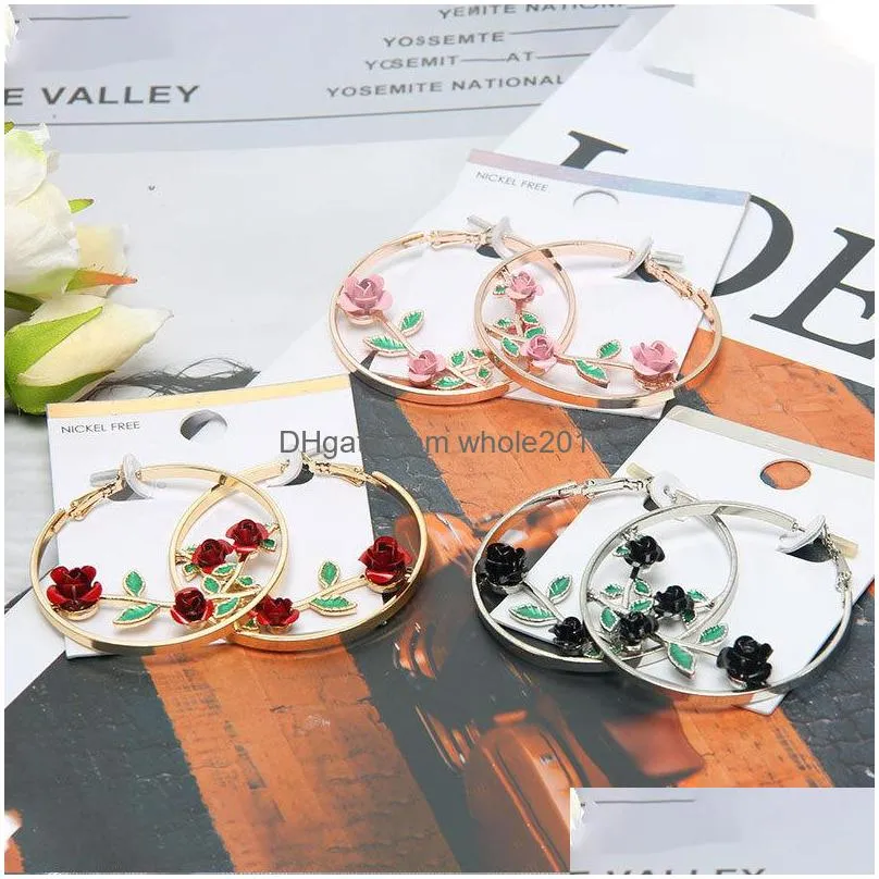 fashion jewelry vintage rose flower earrings circle hoop earrings