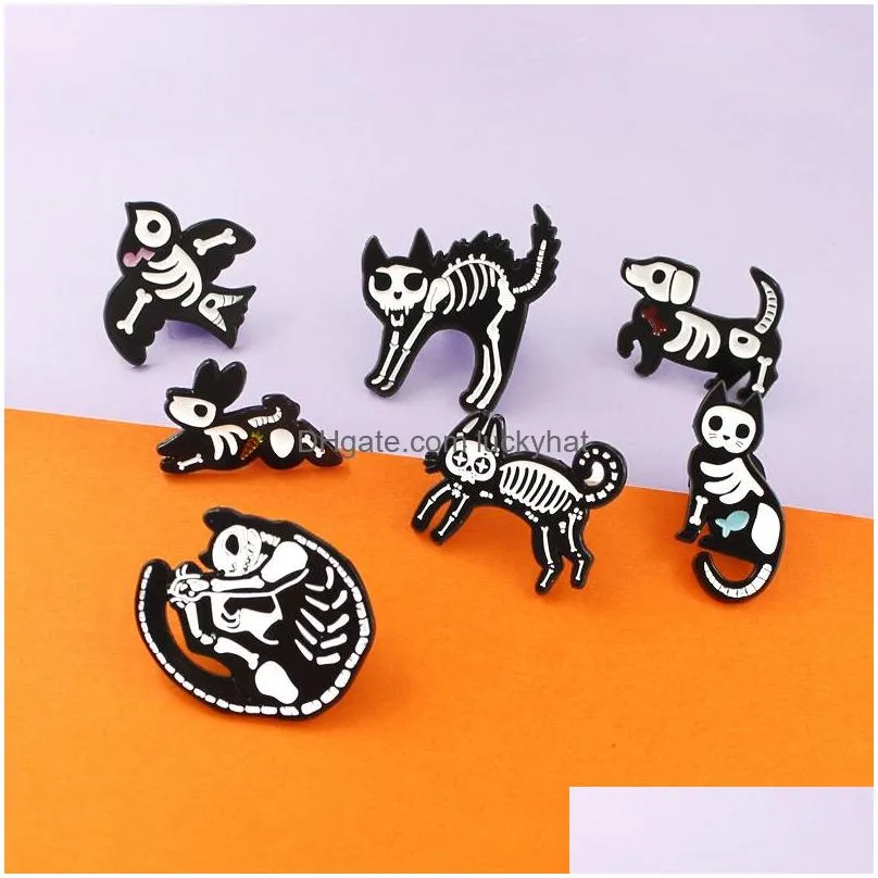 cartoon animal skeleton creative bultrasound image brooch for boys 7pcs/set enamel pin wholesale dog cat rabbit bird metal badges jewelry small fashion